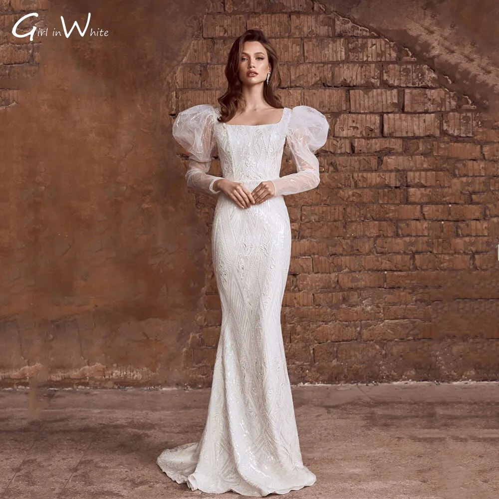 Puff Sleeve Lace Mermaid Wedding Dresses Sequind Square Collar Bridal Gowns Vestido De Novia Long Sleeves robe de mariée
Puff Sleeve Lace Mermaid Wedding Dresses Sequind Square Collar Bridal Gowns Vestido De Novia Long Sleeves robe de mariée