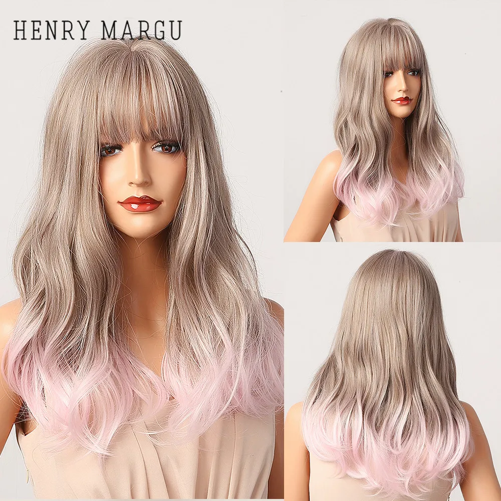 

HENRY MARGU Long Wavy Ombre Dark Ash Blonde Pink Women Wigs with Bangs Cosplay Heat Resistant Synthetic Wig for Women Afro