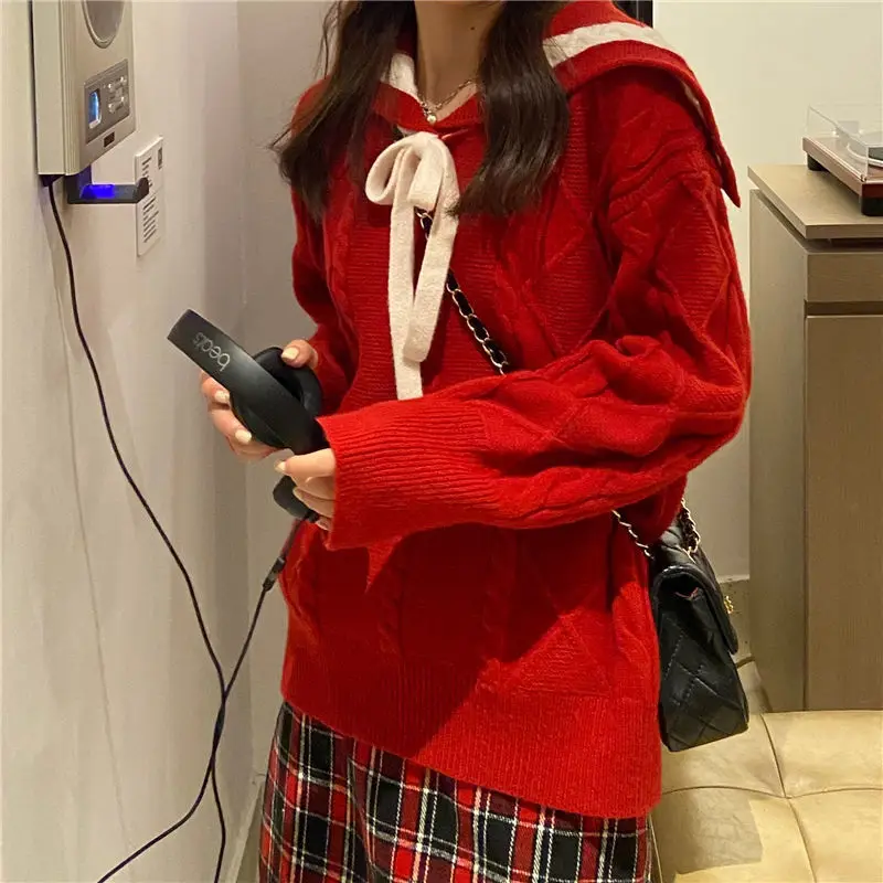 

Модный Красный Рождественский свитер Deeptown в Корейском стиле, однотонный вязаный джемпер оверсайз в стиле преппи, Женский пуловер с длинным ...