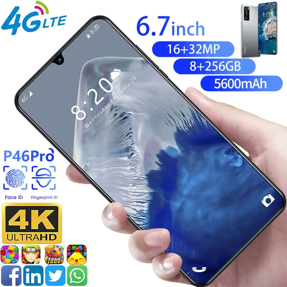 New 6.7 inches P46 Pro Water drop screen smartphone New MediaTek 10 Core 8 256GB 5600mAh 5G Android 10 Global Mobile Phone
New 6.7 inches P46 Pro Water drop screen smartphone New MediaTek 10 Core 8 256GB 5600mAh 5G Android 10 Global Mobile Phone