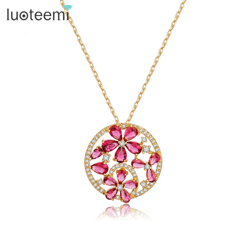 

LUOTEEMI Top Quality Red Flower With Cubic Zircon Champagne Gold Color Round Necklaces For Women Teardrop CZ Blossom Pendant