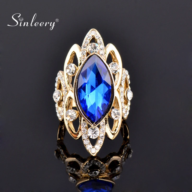 

SINLEERY Luxury African Style Blue Cubic Zircon Big Shuttle Rings For Women Size 7 8 9 10 Statement Gold Color Ring Jz500 SSB