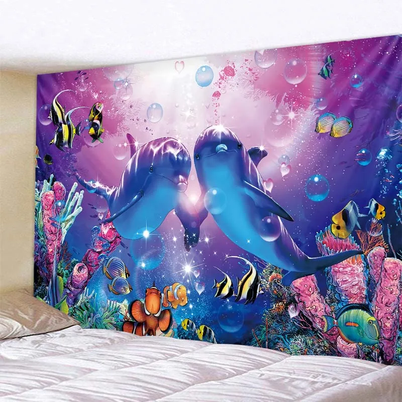 

Tapestry cartoon hanging cloth background underwater world home decoration blanket dolphin wall hanging kawaii bedroom decoratio