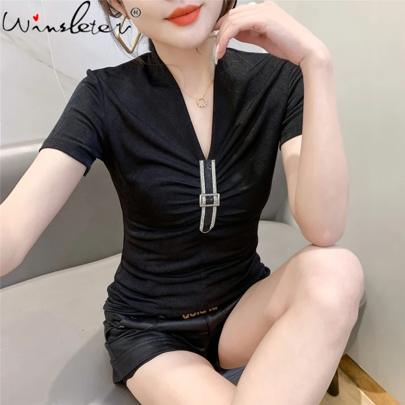 Summer European Style T-Shirt Girl Fashion Sexy V-Neck Shiny Diamonds Drape Women Tops Short Sleeve Slim Tees New 2021 T14314A
Summer European Style T-Shirt Girl Fashion Sexy V-Neck Shiny Diamonds Drape Women Tops Short Sleeve Slim Tees New 2021 T14314A