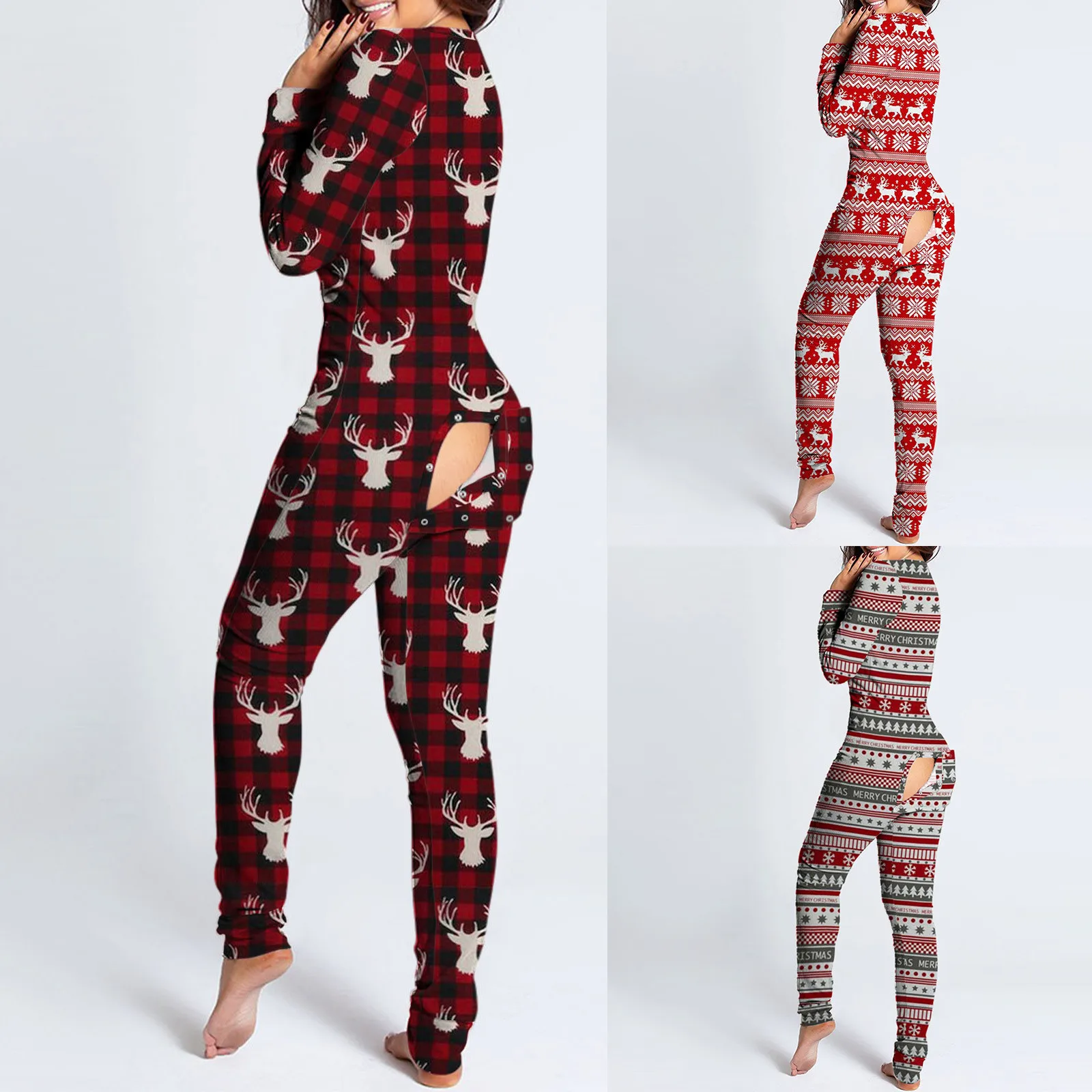 

Sexy Women Christmas Cutout Functional Buttoned Flap Adults Pajamas Club Button Design Plunge Lounge Jumpsuit L*5