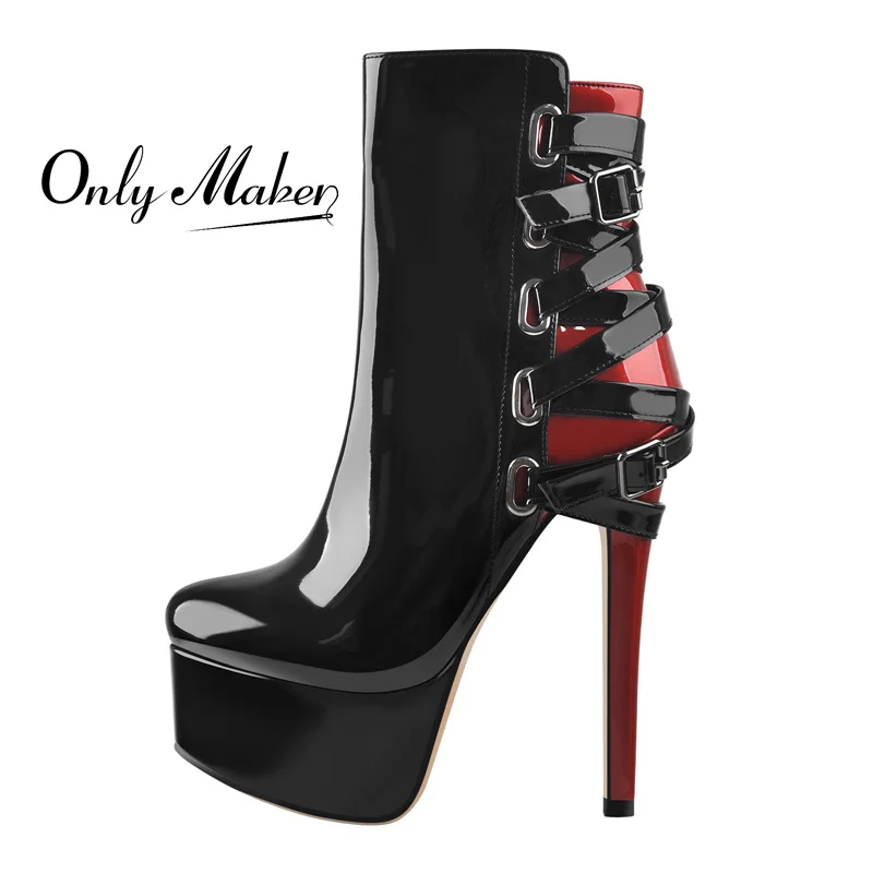 Onlymaker Women Platform Round Toe Ankle Boots Black Red Mixed Square Belt Buckle High Heel Side Zip Patent Leather Booties
Onlymaker Women Platform Round Toe Ankle Boots Black Red Mixed Square Belt Buckle High Heel Side Zip Patent Leather Booties