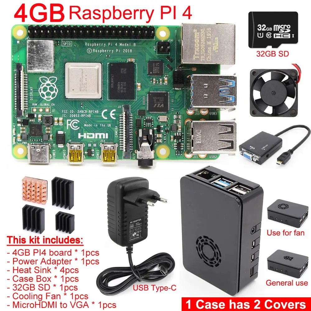 Raspberry Pi 4 Модель B PI 4B 2 ГБ/4 Гб комплект: плата радиатор адаптер питания чехол