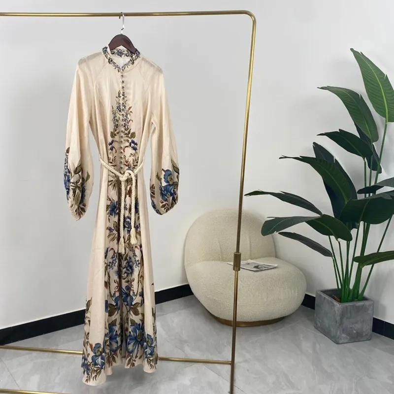 Женское винтажное льняное платье-кафтан, однобортное элегантное платье бежевого цвета с принтом и рукавами-фонариками, осень 2021 
Женское винтажное льняное платье-кафтан, однобортное элегантное платье бежевого цвета с принтом и рукавами-фонариками, осень 2021