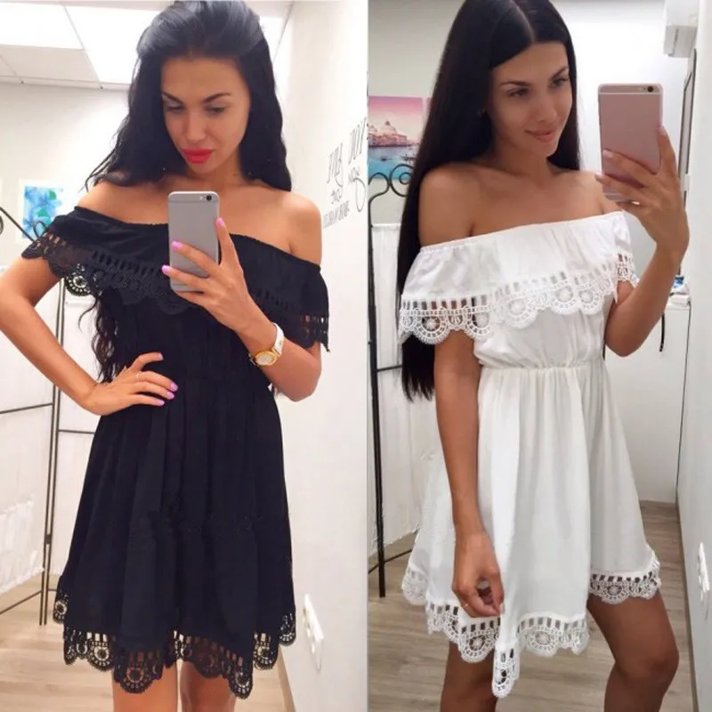 Fashion Women Elegant Vintage sweet lace white Dress Stylish Sexy Slash Neck Casual Slim Beach Summer Sundress Female vestidos 
Fashion Women Elegant Vintage sweet lace white Dress Stylish Sexy Slash Neck Casual Slim Beach Summer Sundress Female vestidos