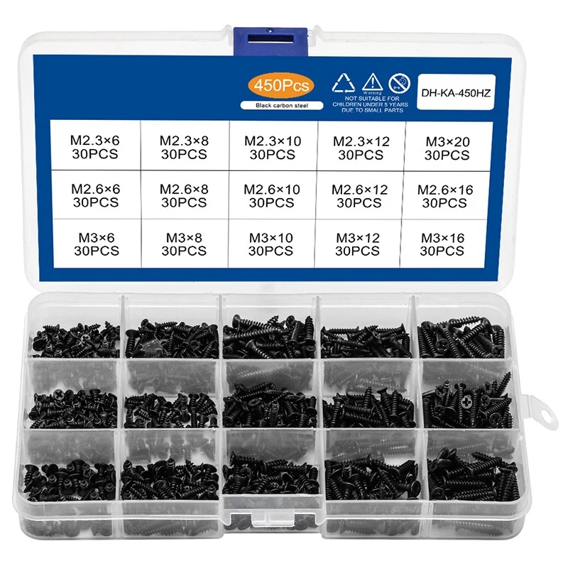 450Pcs Black Plated Countersunk Flat Head Tapping Screws with Cross Recessed M2.3 M2.6 M3 Carbon Steel Assortment Kit
450Pcs Black Plated Countersunk Flat Head Tapping Screws with Cross Recessed M2.3 M2.6 M3 Carbon Steel Assortment Kit