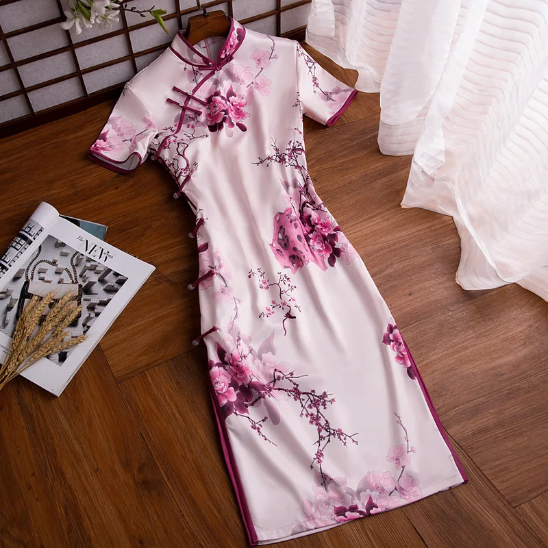 Vintage Short Sleeve Flower Printed Satin Women Cheongsam Oriental Traditional Lady Elegant Wedding Party Qipao Dress
Vintage Short Sleeve Flower Printed Satin Women Cheongsam Oriental Traditional Lady Elegant Wedding Party Qipao Dress