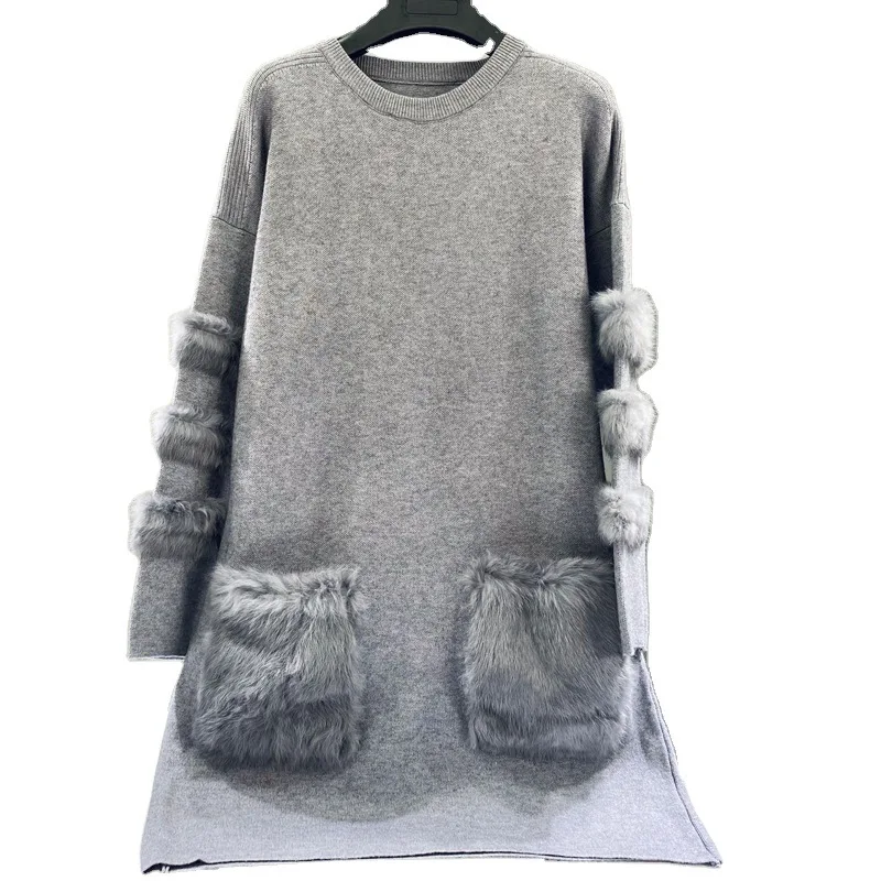 Women's 2021 spring new Casual o neck Knit pullovers Long Sleeve Plush Sweater with Real fur Pockets elegant midi length dress
Women's 2021 spring new Casual o neck Knit pullovers Long Sleeve Plush Sweater with Real fur Pockets elegant midi length dress