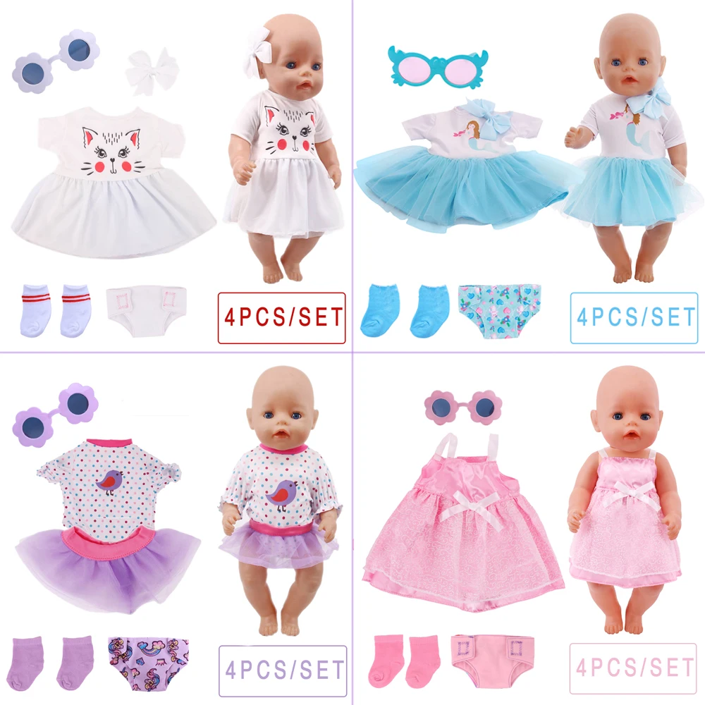 

4Items/Suit Unicorn Mermaid Skirt Glasses Panties Socks Fit 18Inch American&43Cm Baby New Born Doll Clothes Christmas Girl`s Toy