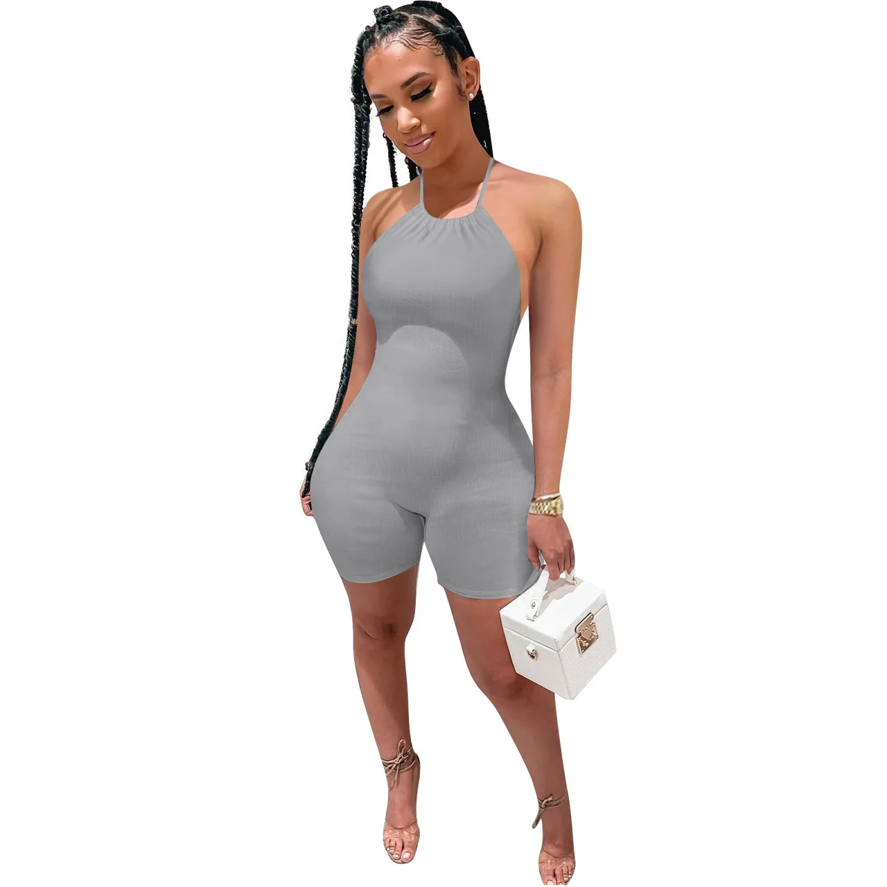 Spring and summer fashion solid color strappy straps ribbed backless sexy jumpsuit shorts
Spring and summer fashion solid color strappy straps ribbed backless sexy jumpsuit shorts