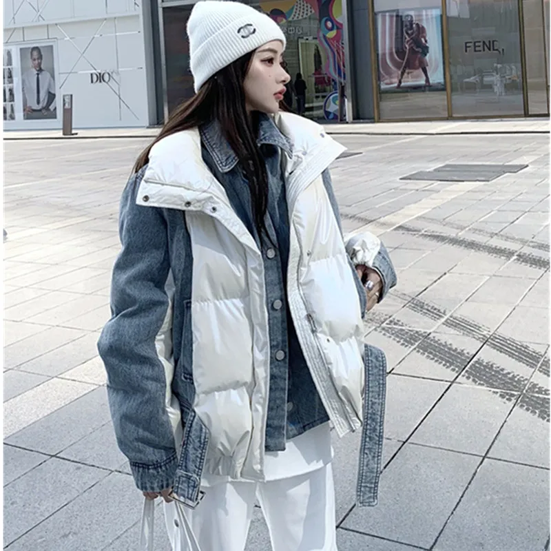 Winter Down Jacket Female Stand collar Denim Patchwork Loose White duck down Coat Casual Women's Short Outwear Warm Thick Parkas 
Winter Down Jacket Female Stand collar Denim Patchwork Loose White duck down Coat Casual Women's Short Outwear Warm Thick Parkas
