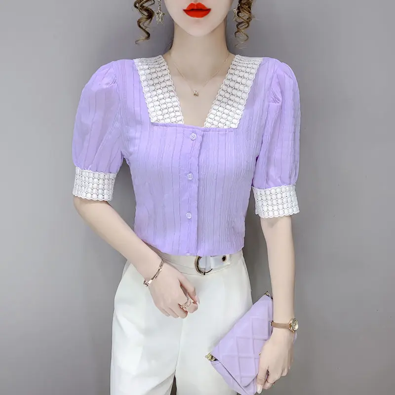 2021 Summer Casual Women's Chiffon Blouses Female Fashion V Collar Shirt Sweet Short Puff Sleeve Solid Color Blouse Tops Q375
2021 Summer Casual Women's Chiffon Blouses Female Fashion V Collar Shirt Sweet Short Puff Sleeve Solid Color Blouse Tops Q375