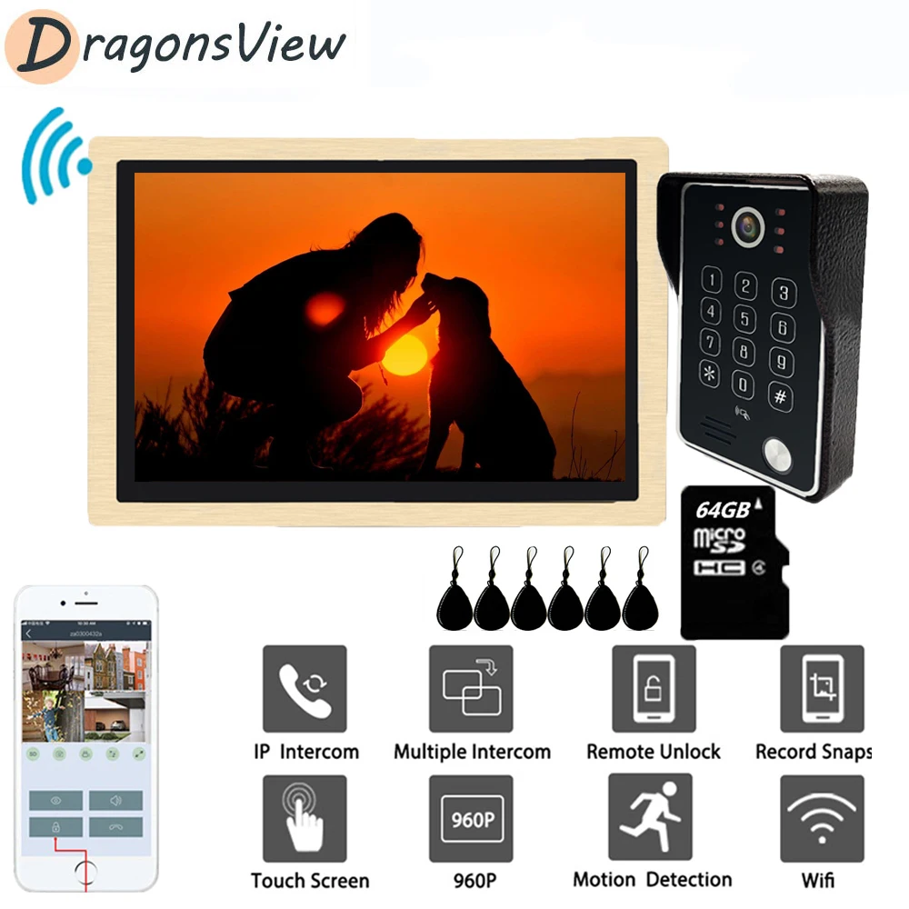 

DragonsView 10 Inch Wifi Video Door Phone Intercom for Home Wireless 960P Doorbell RFID Password Unlock Record Motion Detection