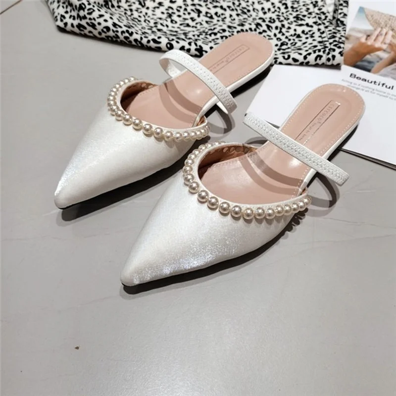 LEMAI Pointed Toe Women's Mules Pearl Decorated Elegant Ladies Slip on Shoes Flat Comfortable Women Party Wedding Shoes 2021