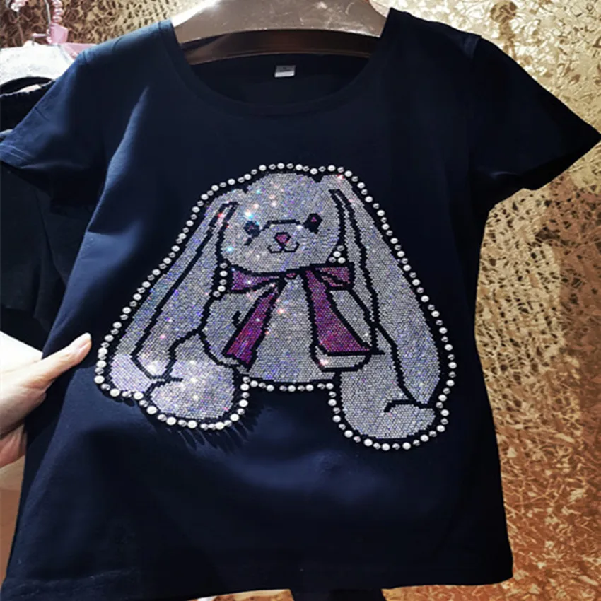 Heavy industry summer beaded short sleeve t-shirt women hot drilling rabbit bow cotton top tees
Heavy industry summer beaded short sleeve t-shirt women hot drilling rabbit bow cotton top tees