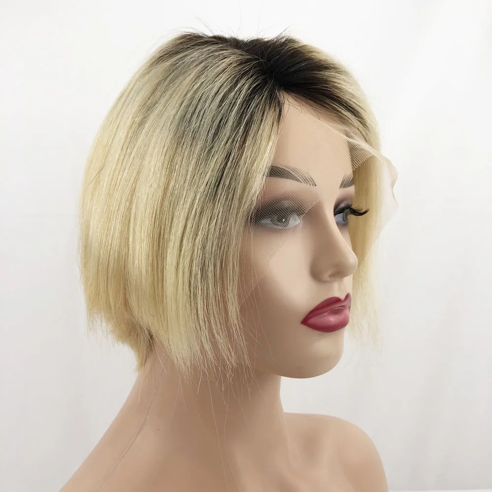 

Short Pixie Cut Wig Ash Blonde Ombre Human Hair Bob Wigs Straight Virgin European Remy Hair L Part Lace Front Wig T1B/613