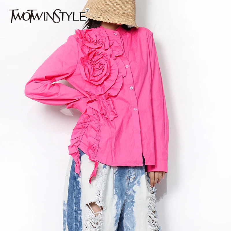 TWOTWINSTYLE Asymmetrical Patchwork Floral Casual Shirt For Women Stand Collar Long Sleeve Ruffle Trim Blouse Female Fashion New
TWOTWINSTYLE Asymmetrical Patchwork Floral Casual Shirt For Women Stand Collar Long Sleeve Ruffle Trim Blouse Female Fashion New