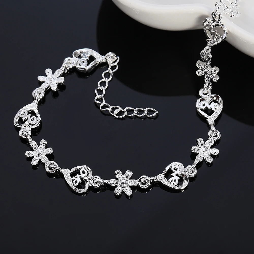 Hot Charm Women luxury Jewelry 925 Sterling Silver Flowers LOVE heart Chain Bracelets Fashion Wedding Party Christmas Gifts
Hot Charm Women luxury Jewelry 925 Sterling Silver Flowers LOVE heart Chain Bracelets Fashion Wedding Party Christmas Gifts