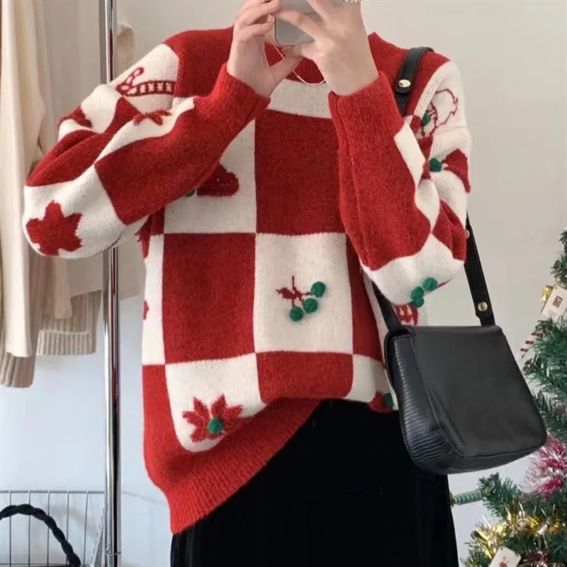 2022 Fall Winter New Ladies Sweater Checkerboard Christmas Knitted Pullover Round Neck Loose Handmade Ball Bottoming Shirt Women
2022 Fall Winter New Ladies Sweater Checkerboard Christmas Knitted Pullover Round Neck Loose Handmade Ball Bottoming Shirt Women