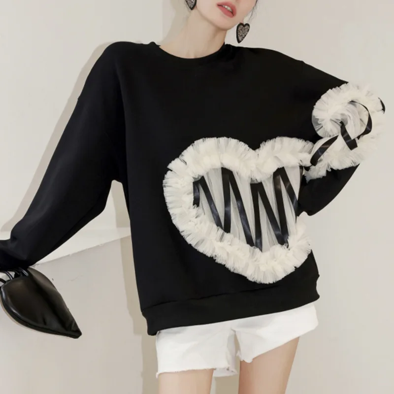 2021 New Fashion Autumn O-neck Women Pullovers Top Love Mesh Ruffles Loose Long Sleeve Sweatshirt Black Casual Female Hoodies
2021 New Fashion Autumn O-neck Women Pullovers Top Love Mesh Ruffles Loose Long Sleeve Sweatshirt Black Casual Female Hoodies