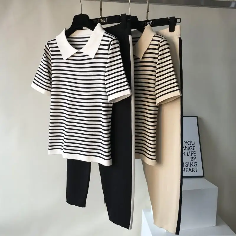 Summer Knitted Tracksuit Women Korean Style Short Sleeve Two Peice Sets Casual Stripe Knitwear T-Shirt And Slim Straight Pants
Summer Knitted Tracksuit Women Korean Style Short Sleeve Two Peice Sets Casual Stripe Knitwear T-Shirt And Slim Straight Pants