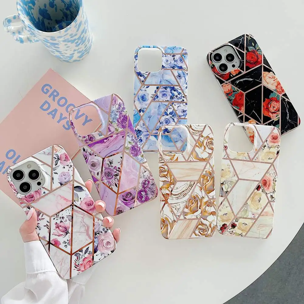 

Luxury Marble Flower Floral Glossy Plated IMD Soft Back Phone Case For iPhone 12 13 Pro Max 11 XR XS MAX 8 7 Plus Cover Skin