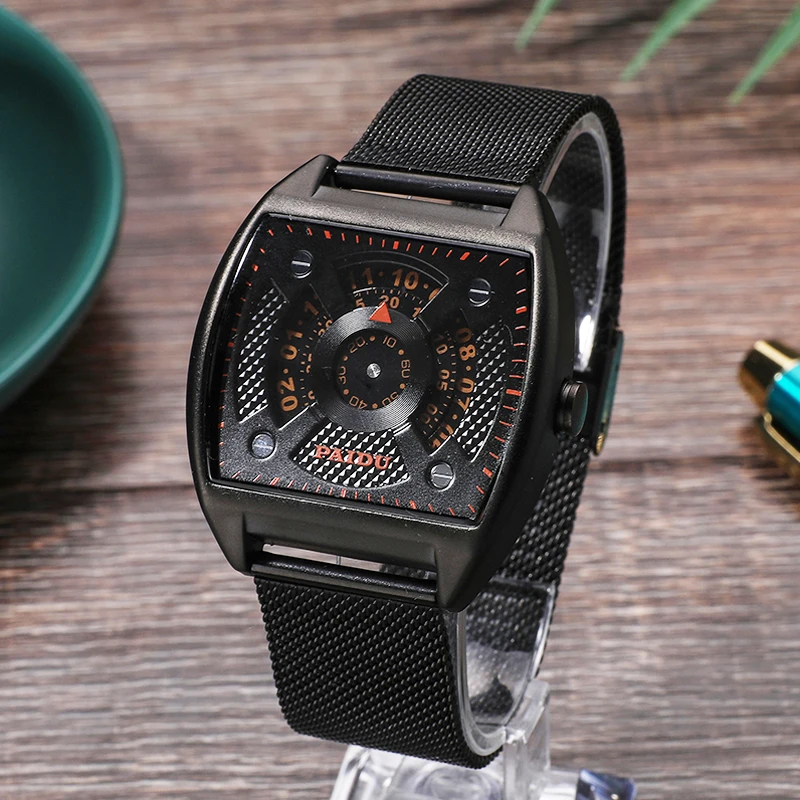 2021 New Paidu Watch Men Black Tonneau Watches Creative Rotating Dial Black Mesh Band Quartz Wristwatches Men Sports Watches 
2021 New Paidu Watch Men Black Tonneau Watches Creative Rotating Dial Black Mesh Band Quartz Wristwatches Men Sports Watches