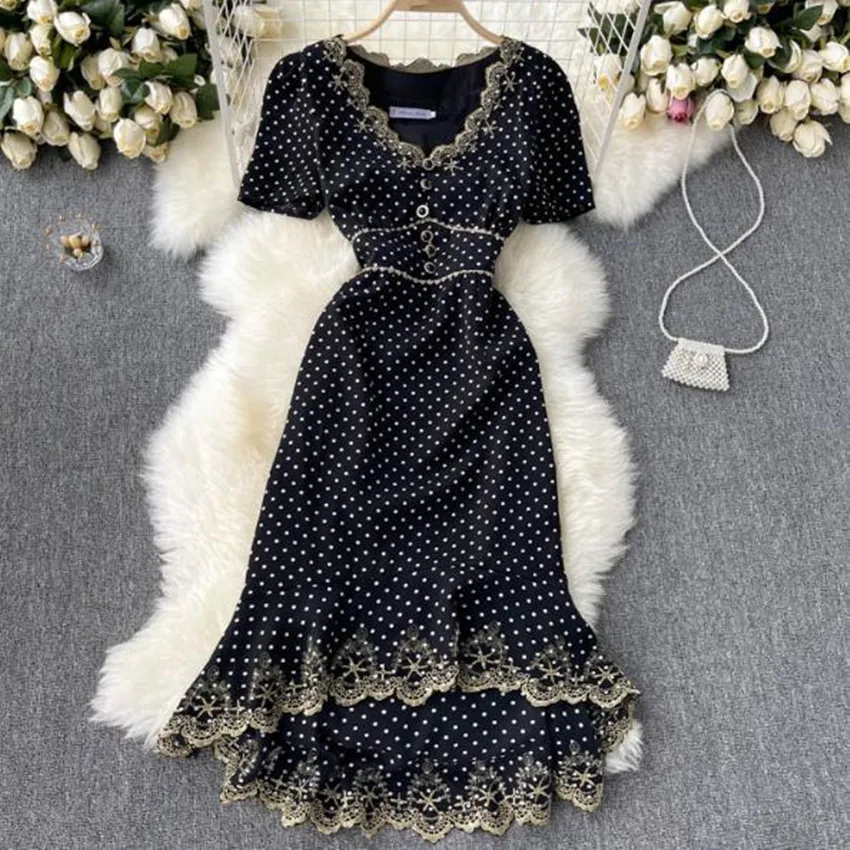 Женское платье-русалка в горошек, летнее платье во французском стиле с V-образным вырезом и коротким рукавом 
Женское платье-русалка в горошек, летнее платье во французском стиле с V-образным вырезом и коротким рукавом