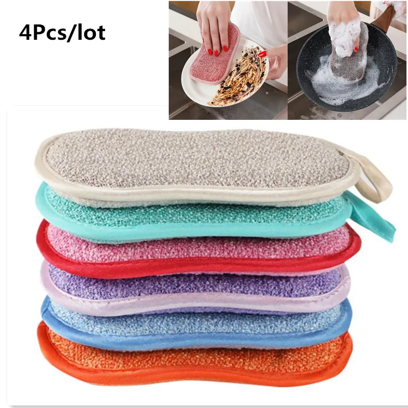 

4 Pcs/Lot Reusable Scouring Pads Dish Cloth Double Sided Dishwashing Cloth Microfiber Sponges Cloths Random Color