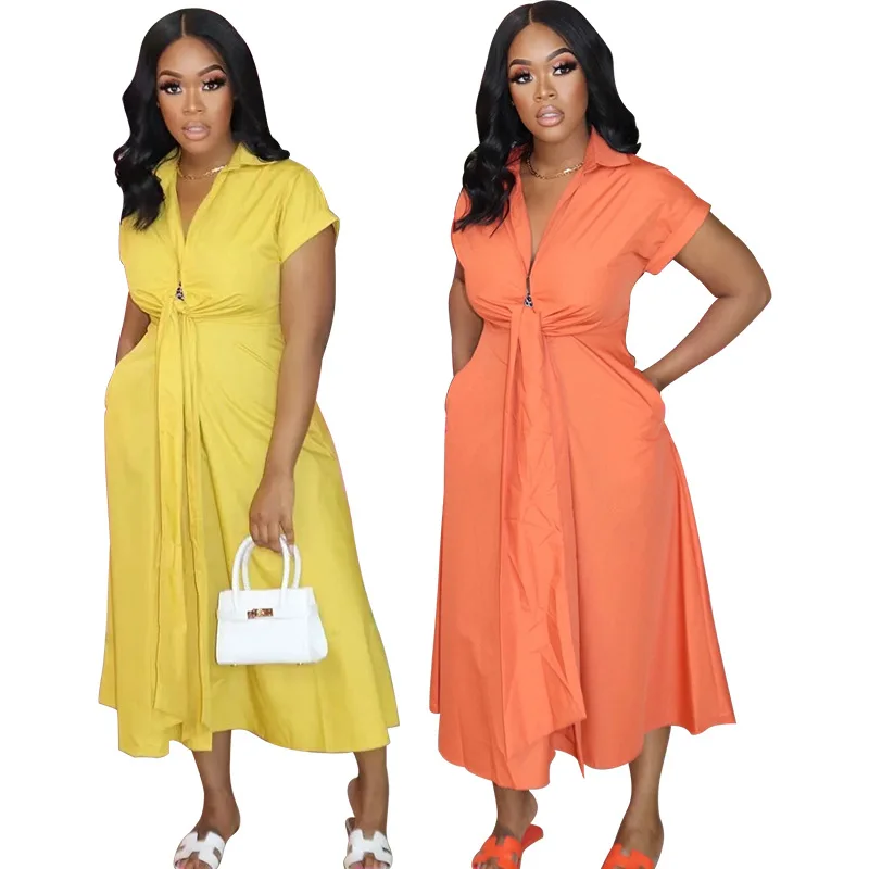 Women Lapel Short Sleeve Yellow Dress Office Work Lady Vestidos Mid-Calf Casual Party Dress 2021 Fashion Summer Clothes Robe
Women Lapel Short Sleeve Yellow Dress Office Work Lady Vestidos Mid-Calf Casual Party Dress 2021 Fashion Summer Clothes Robe
