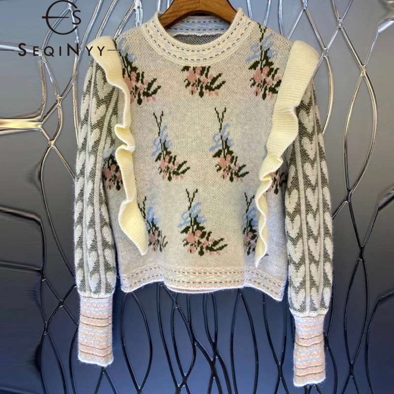 SEQINYY High Street Sweater Spring Autumn New Fashion Design Women Runway Flower Print Loose Casual Knitting Ruffles
SEQINYY High Street Sweater Spring Autumn New Fashion Design Women Runway Flower Print Loose Casual Knitting Ruffles