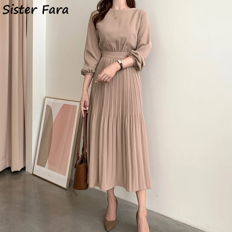 Sister Fara Spring Autumn O-neck Slim Dress Women's Solid Lace Up Pleated Dresses Ladies Elegant Casual Pullover Mid-Calf Dress
Sister Fara Spring Autumn O-neck Slim Dress Women's Solid Lace Up Pleated Dresses Ladies Elegant Casual Pullover Mid-Calf Dress