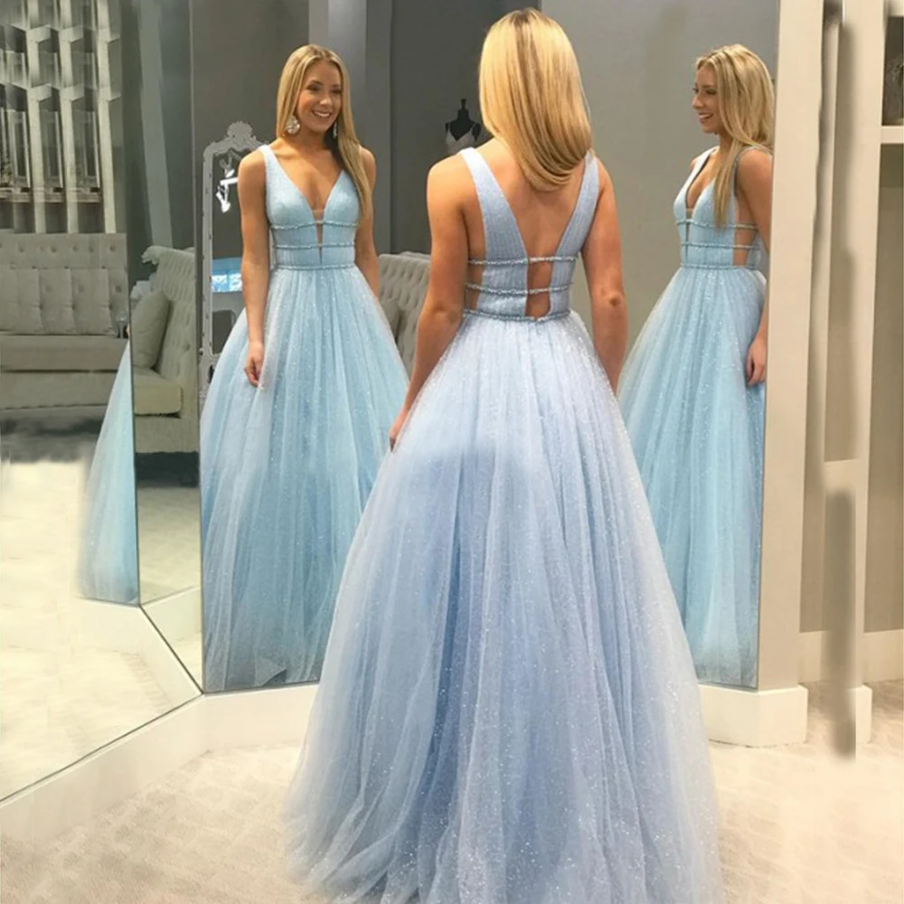 Sexy V-neck Long Party Dress Glitter Tulle Girl Formal Dress Gowns Vestido Plus Size Light Blue Fairy Girl Cinderella Prom Dress
Sexy V-neck Long Party Dress Glitter Tulle Girl Formal Dress Gowns Vestido Plus Size Light Blue Fairy Girl Cinderella Prom Dress