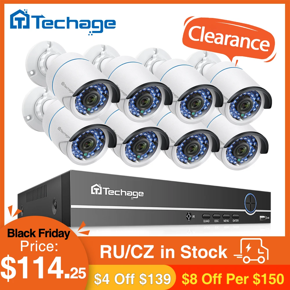 Камера видеонаблюдения Techage 8 каналов 1080P POE NVR 2 МП водонепроницаемая|Система