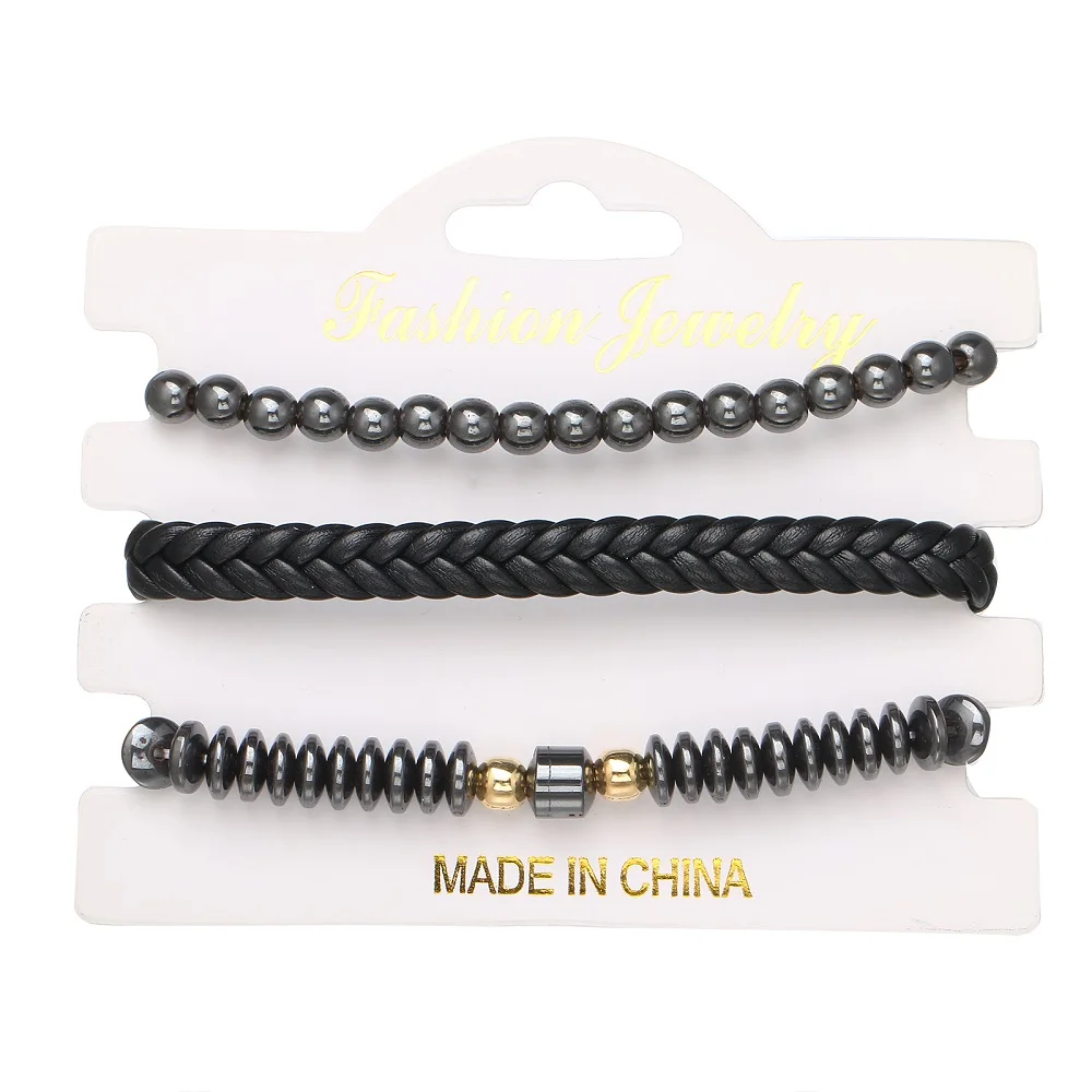 

2021 Fashion Jewelry Multilayer Leather Bead Set Bracelet Charm Vintage Hand-woven Hematite Cuff Bracelet for Women's Pulsera