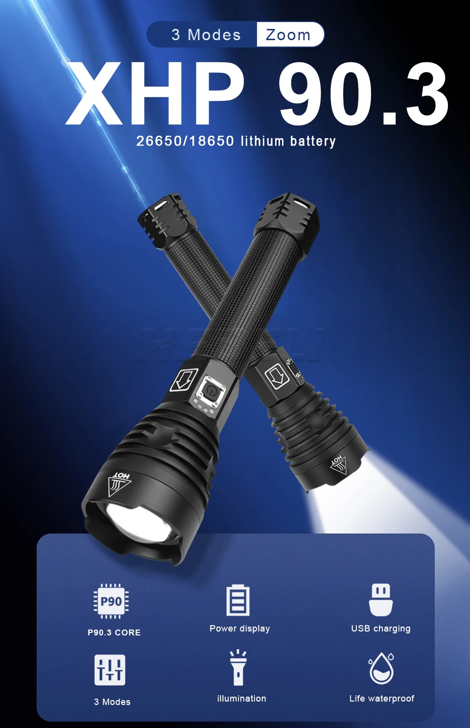 Светодиодный фонарик XHP90.3 с дальностью 1500 метров сверхъяркий фонарь USB