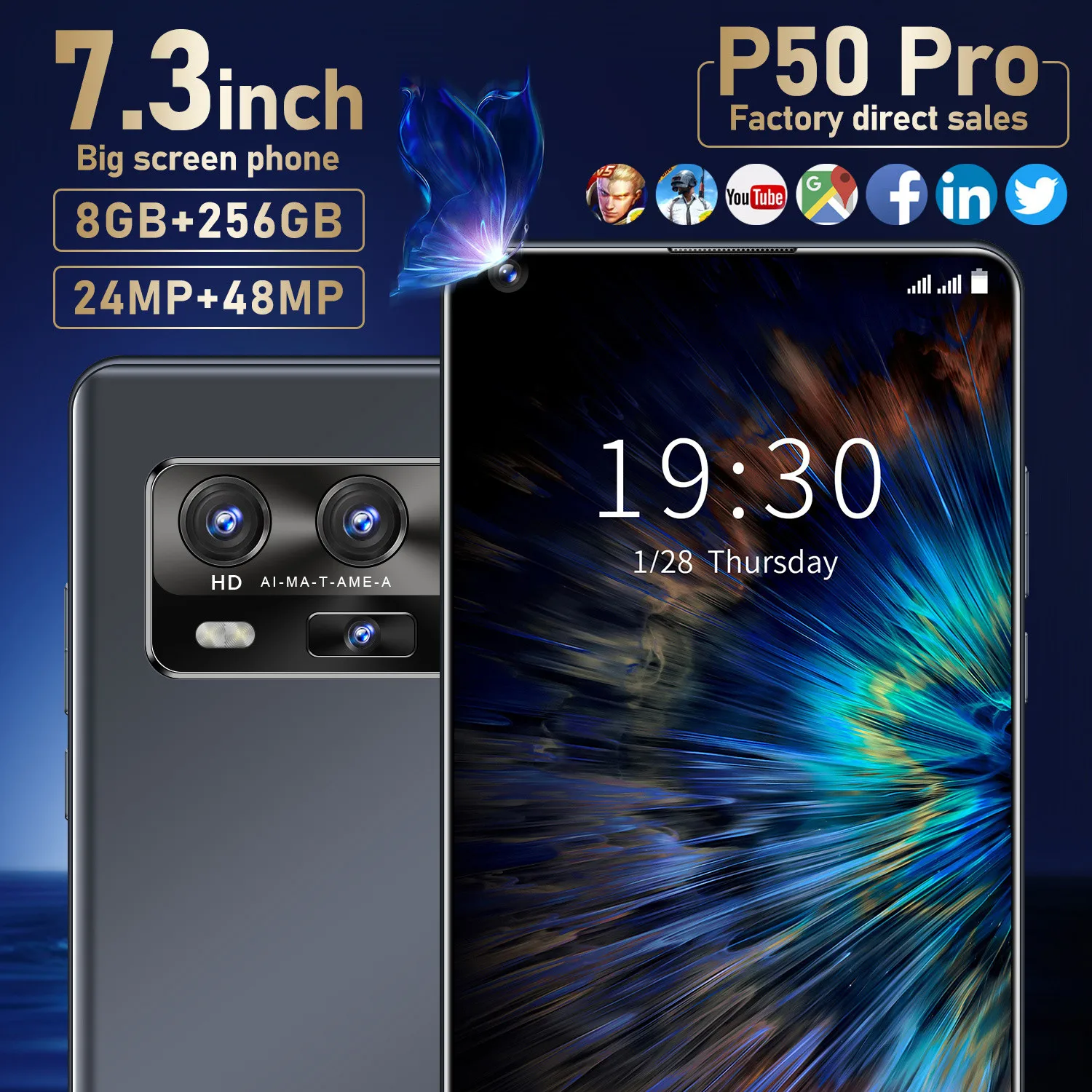 P50 Pro 7.3 Inch 7.3 Inch 1440*3200 8GB+256GB 12GB+512GB MTK6889 Deca Core Smart Phone 5600mAh 24MP+48MP Face Unlock Cell Phones
P50 Pro 7.3 Inch 7.3 Inch 1440*3200 8GB+256GB 12GB+512GB MTK6889 Deca Core Smart Phone 5600mAh 24MP+48MP Face Unlock Cell Phones
