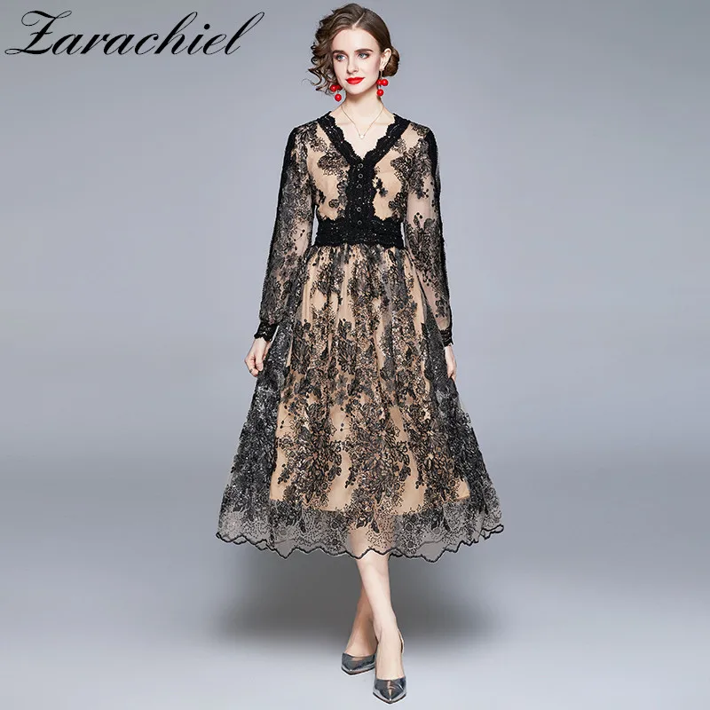 

2021 Autumn Mesh Sequined Shining Embroidery Flower Dress Women Runway Lace Trims V-Neck Long Sleeve Evening Party Vestidos