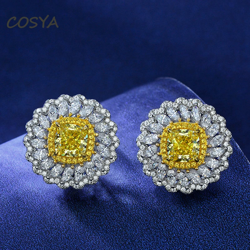 

COSYA Square 7mm Yellow High Carbon Diamond Daisy Sparkling Earrings For Women S925 Sterling Silver Cocktail Party Fine Jewelry