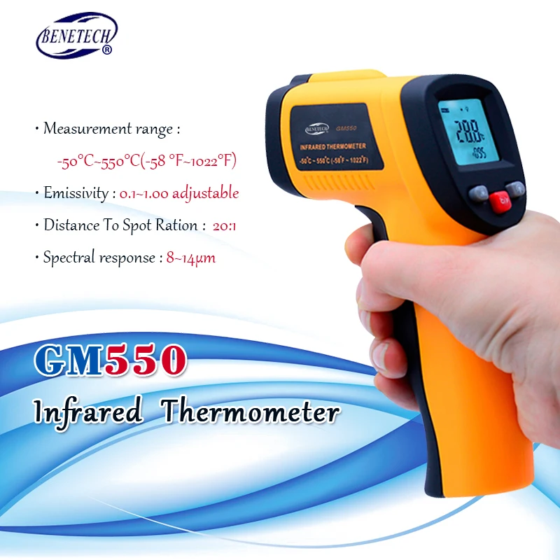 Non-Contact Digital Laser Temperature Gun IR Infrared Thermometer Sight GM550 -50~550C (-58~1022F) Emissivity 0.95 12:1
Non-Contact Digital Laser Temperature Gun IR Infrared Thermometer Sight GM550 -50~550C (-58~1022F) Emissivity 0.95 12:1