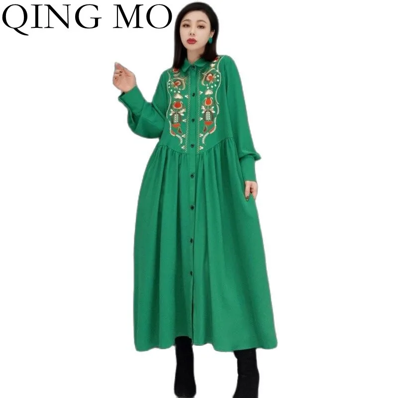 QING MO 2022 New Lapel Single-breasted Green Black Shirt Dress Women Spring Fashion Embroidery Long-sleeved Dress ZWL2018
QING MO 2022 New Lapel Single-breasted Green Black Shirt Dress Women Spring Fashion Embroidery Long-sleeved Dress ZWL2018