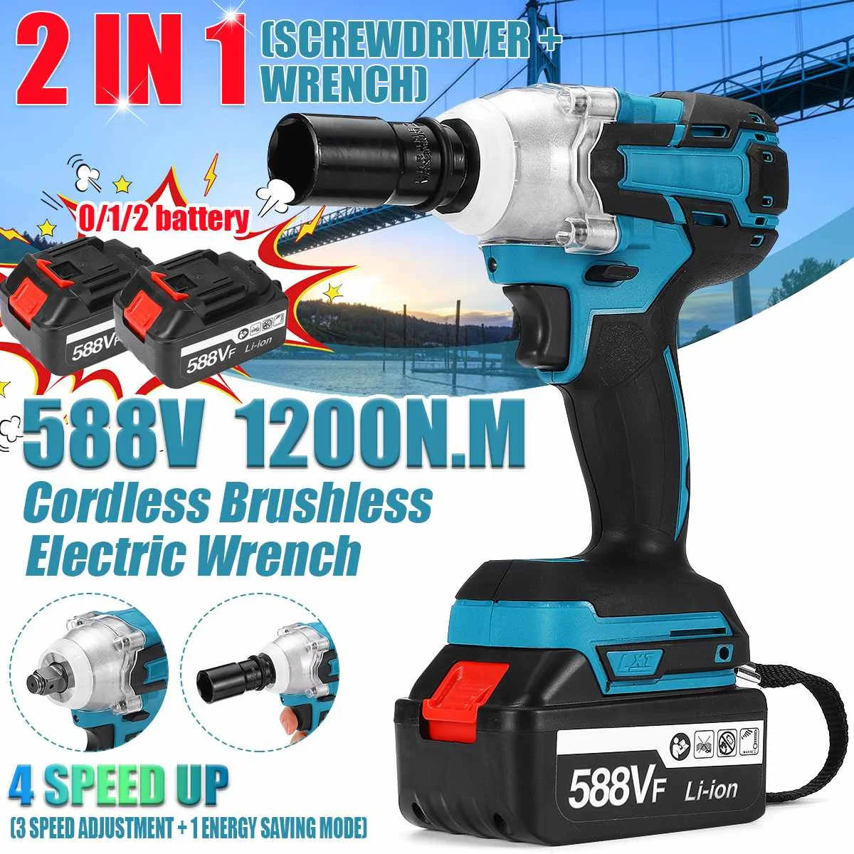 1200 N.M Brushless Electric Impact Wrench 588vf 1/2inch Power Tools 13000Amh Li Battery 4 Speed Adjustment Power Tools
1200 N.M Brushless Electric Impact Wrench 588vf 1/2inch Power Tools 13000Amh Li Battery 4 Speed Adjustment Power Tools