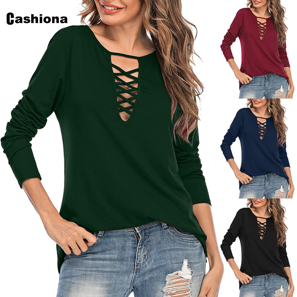 Cashiona Plus size Women's Top Elegant Leisure Casual T-shirt Model V-neck Lace-up Femme Spring Autumn Long Sleeve Tees shirt 
Cashiona Plus size Women's Top Elegant Leisure Casual T-shirt Model V-neck Lace-up Femme Spring Autumn Long Sleeve Tees shirt