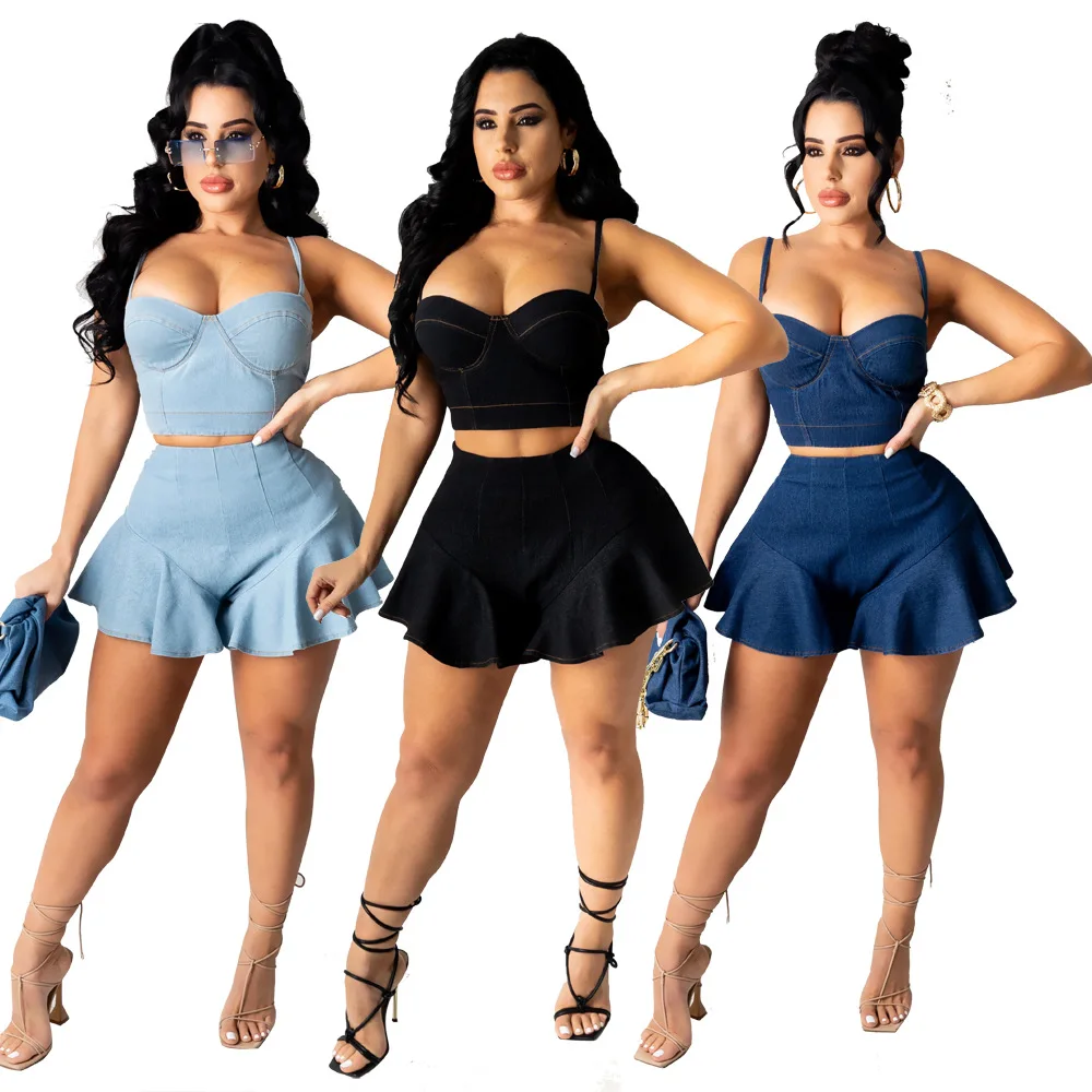 2021 Summer Streetwear Bodycon Denim Suits Strap Crop Top Ruffles Shorts Two Piece Set Sexy Party Club Outfits Matching Set 
2021 Summer Streetwear Bodycon Denim Suits Strap Crop Top Ruffles Shorts Two Piece Set Sexy Party Club Outfits Matching Set