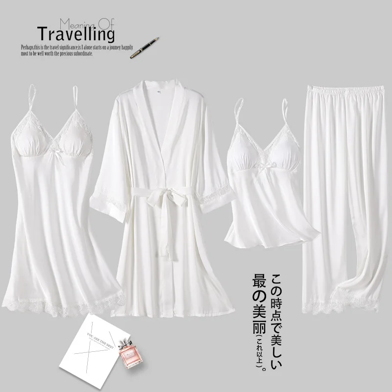 White Women 4PCS Sleepwear Pajamas Set Spring Summer Thin Silky Satin Nightwear Sleep Set Sexy Robe Kimono Gown Loose Homewear
White Women 4PCS Sleepwear Pajamas Set Spring Summer Thin Silky Satin Nightwear Sleep Set Sexy Robe Kimono Gown Loose Homewear