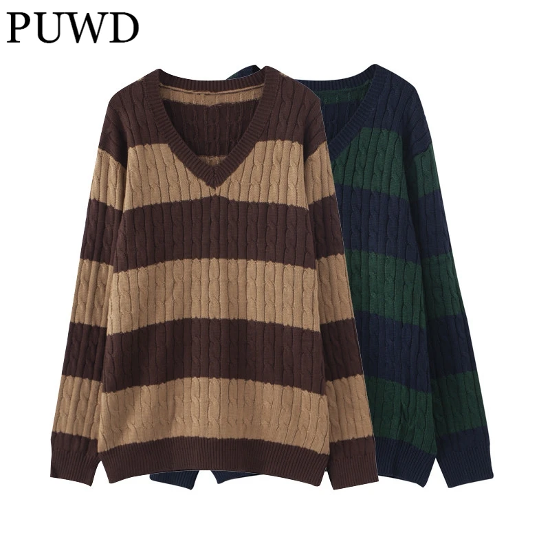 PUWD Vintage Women V Neck Stripe Loose Pullover Sweaters 2022 Spring Fashion Ladies Streetwear Knitted Y2K Girls Chic Knitwear 
PUWD Vintage Women V Neck Stripe Loose Pullover Sweaters 2022 Spring Fashion Ladies Streetwear Knitted Y2K Girls Chic Knitwear